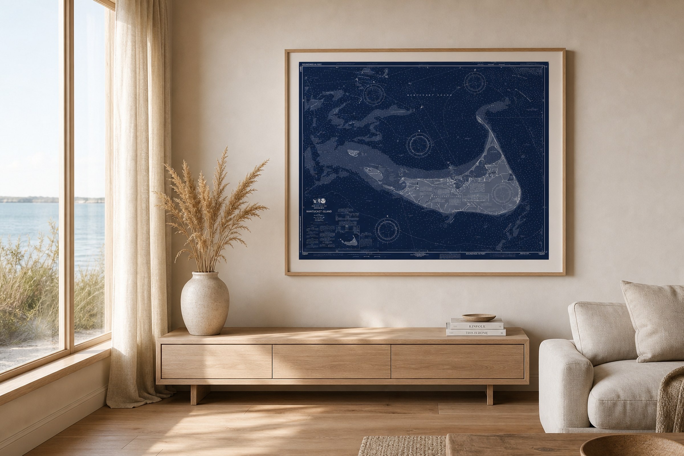 Nantucket in Blueprint Blue, framed above a console in a sunlit coastal living room