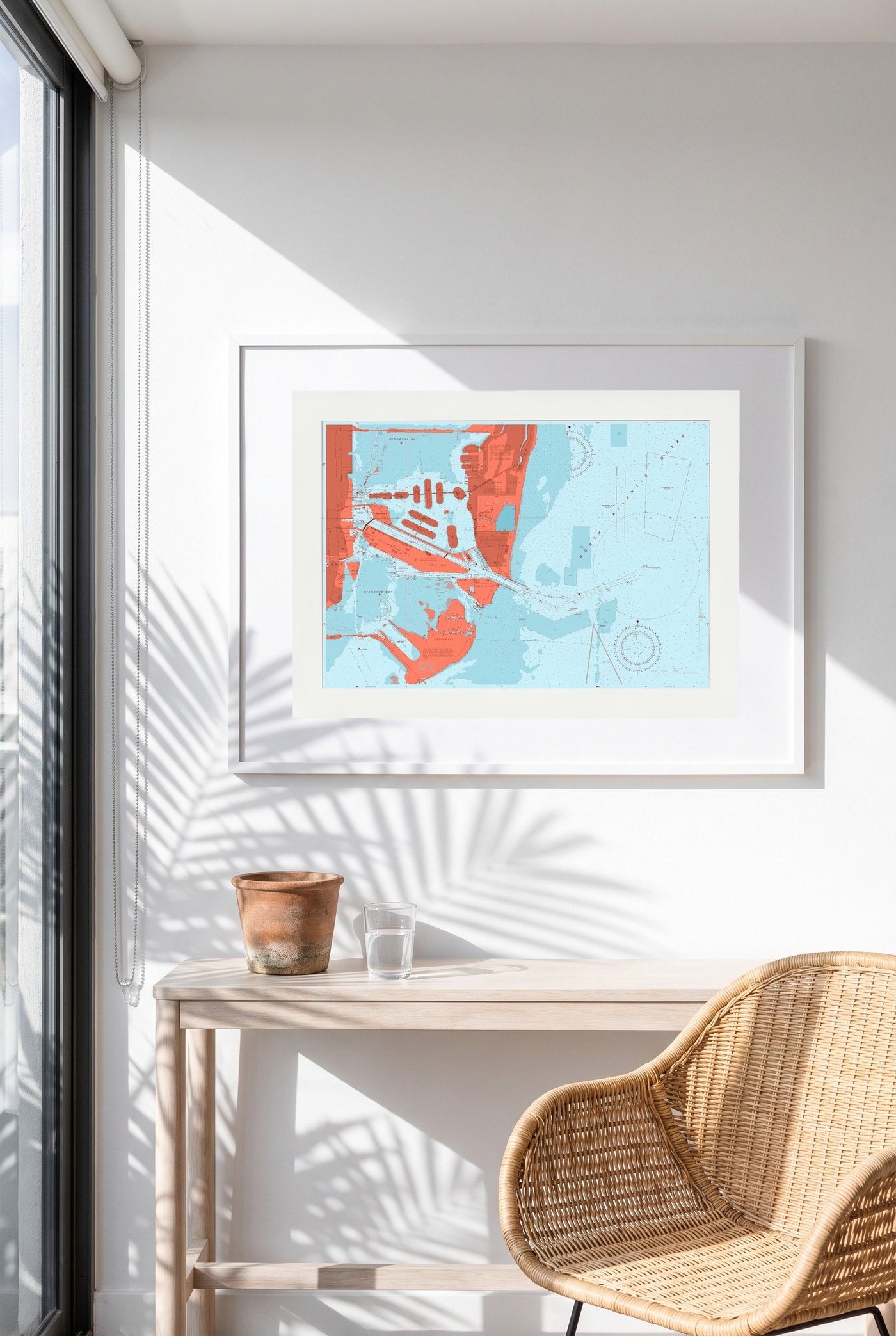 Miami Beach nautical chart in Reef Break, framed on a wall