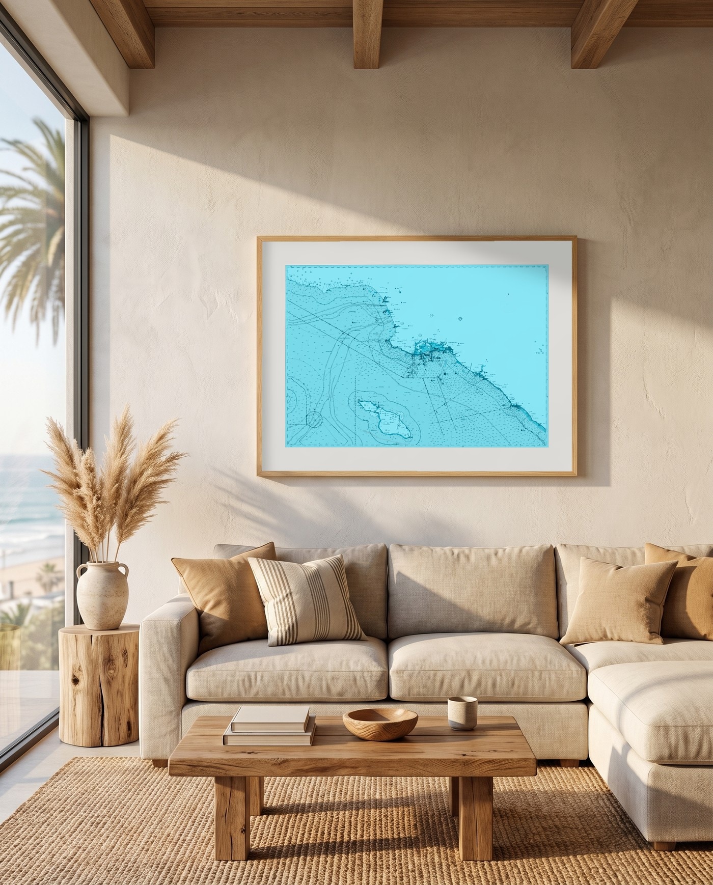 Los Angeles Beaches nautical chart in Riptide, framed on a wall