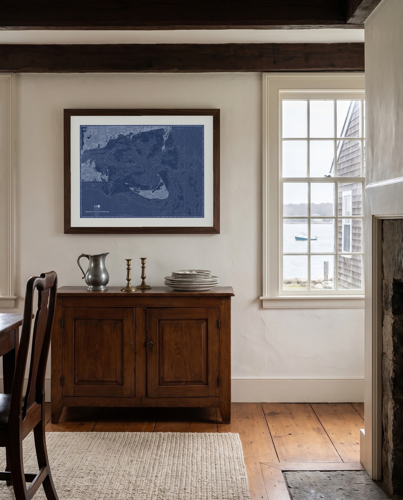 Nantucket Sound nautical chart in Blueprint Blue, framed on a wall