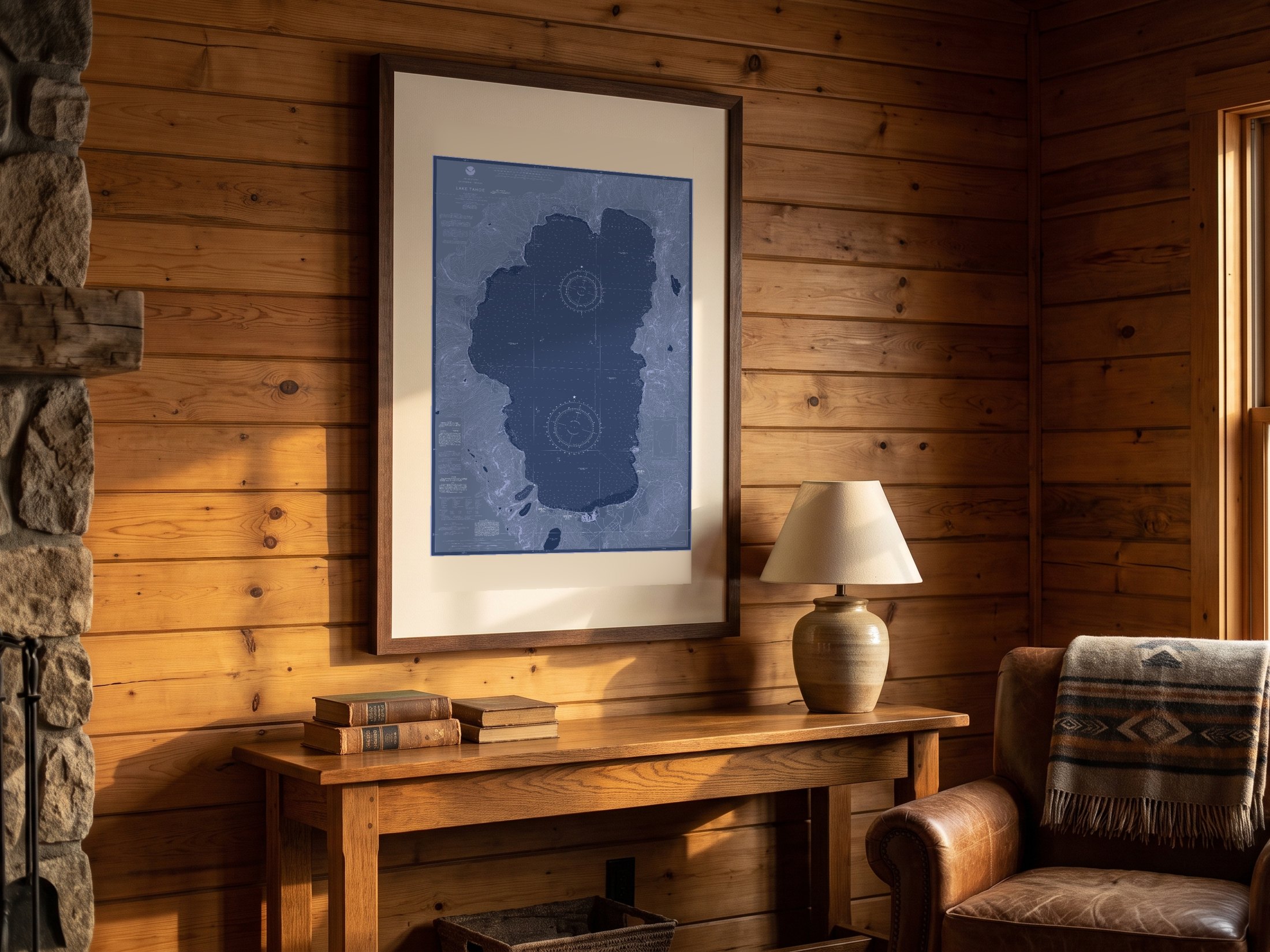 Lake Tahoe in Blueprint Blue, framed on a pine wall in a lakeside cabin