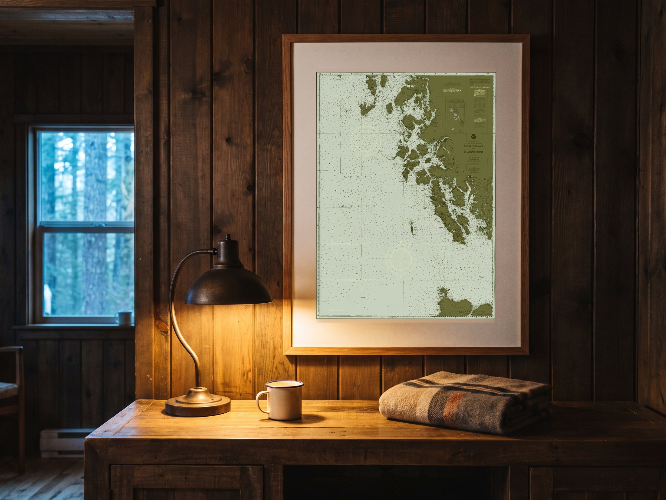 Southeast Alaska in Eelgrass, framed on a plank wall above a cabin desk